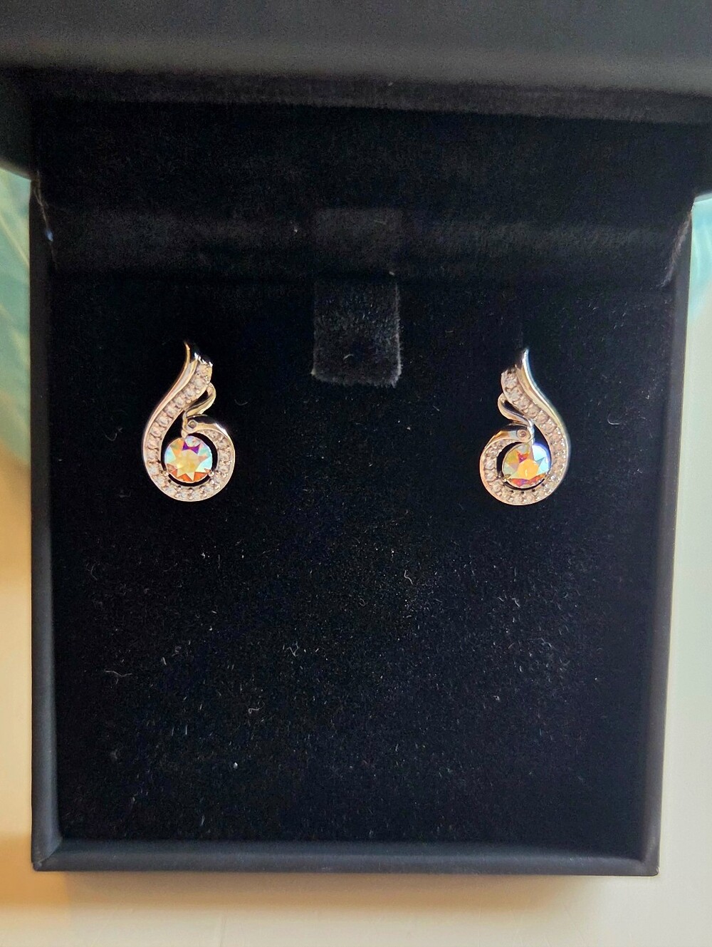 Kate Lynn Crystal Swirl Earrings Silver Tone AB Crystal Studs NIB